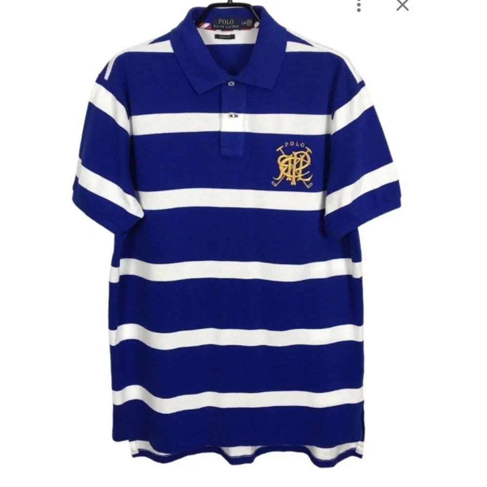 Polo Ralph Lauren Large Logo Striped Polo Shirt Custom Fit 2XL Blue White